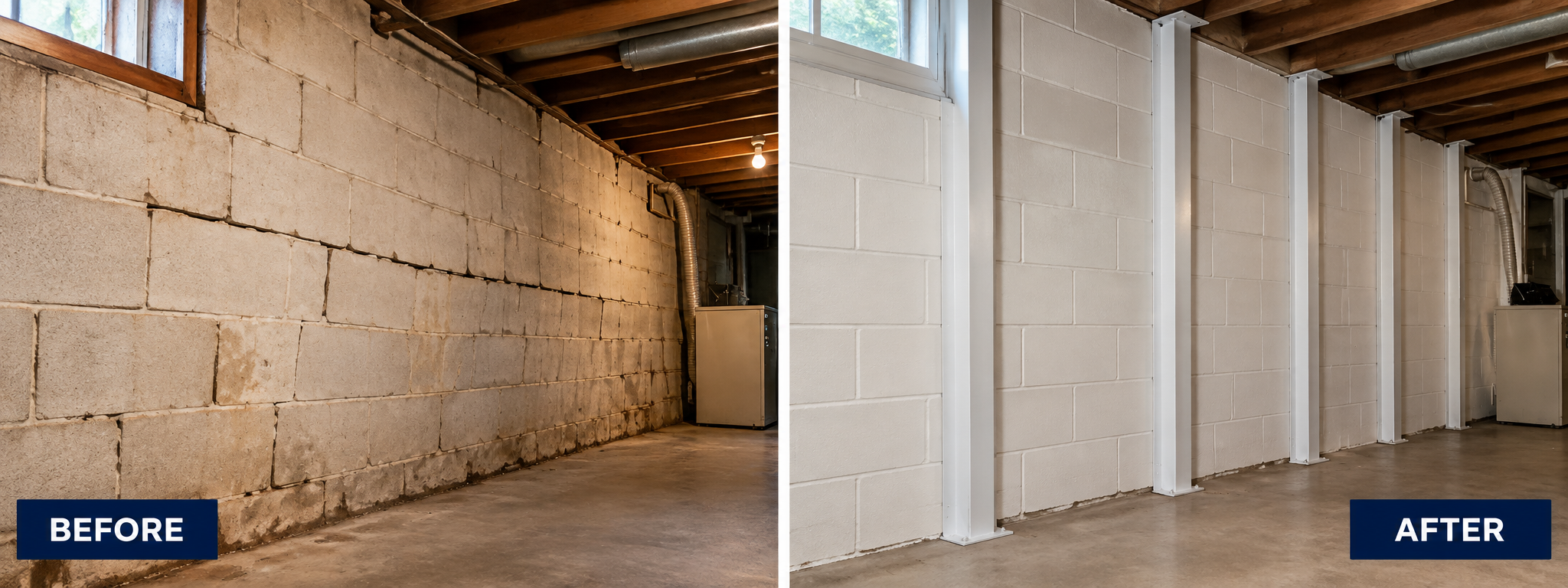 Before and after: bowed block basement wall, then reinforced with steel wall braces