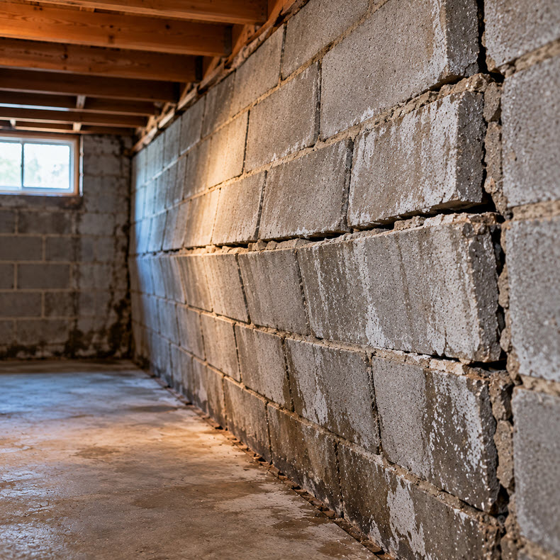 Concrete block basement wall bowing inward along a horizontal joint