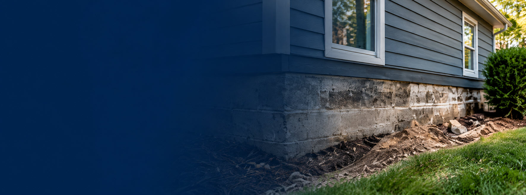 Damaged concrete block foundation along the side of a home