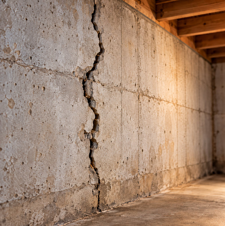 Vertical crack running through a poured concrete basement wall