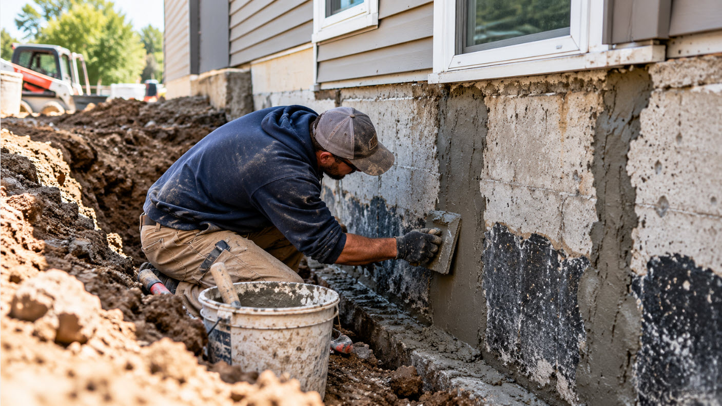 Technician repairing an exposed basement foundation wall from the outside