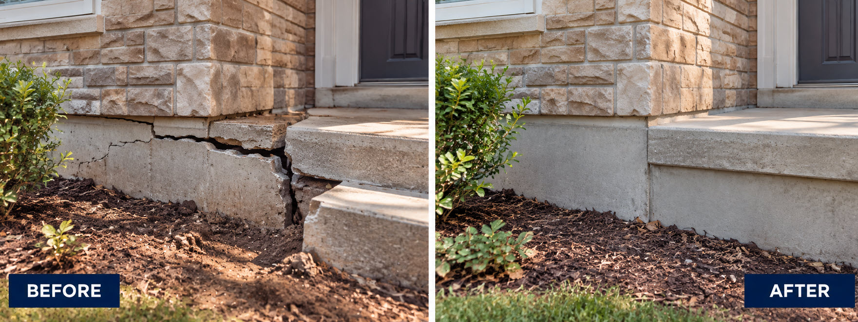 Before and after: cracked, settled foundation corner, then repaired and level