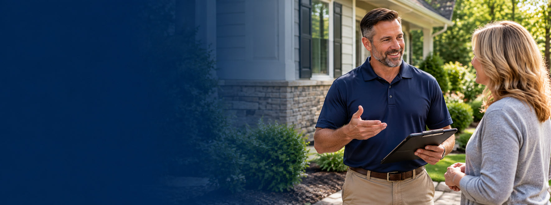 American Foundation Specialists inspector talking with a homeowner in front of their house