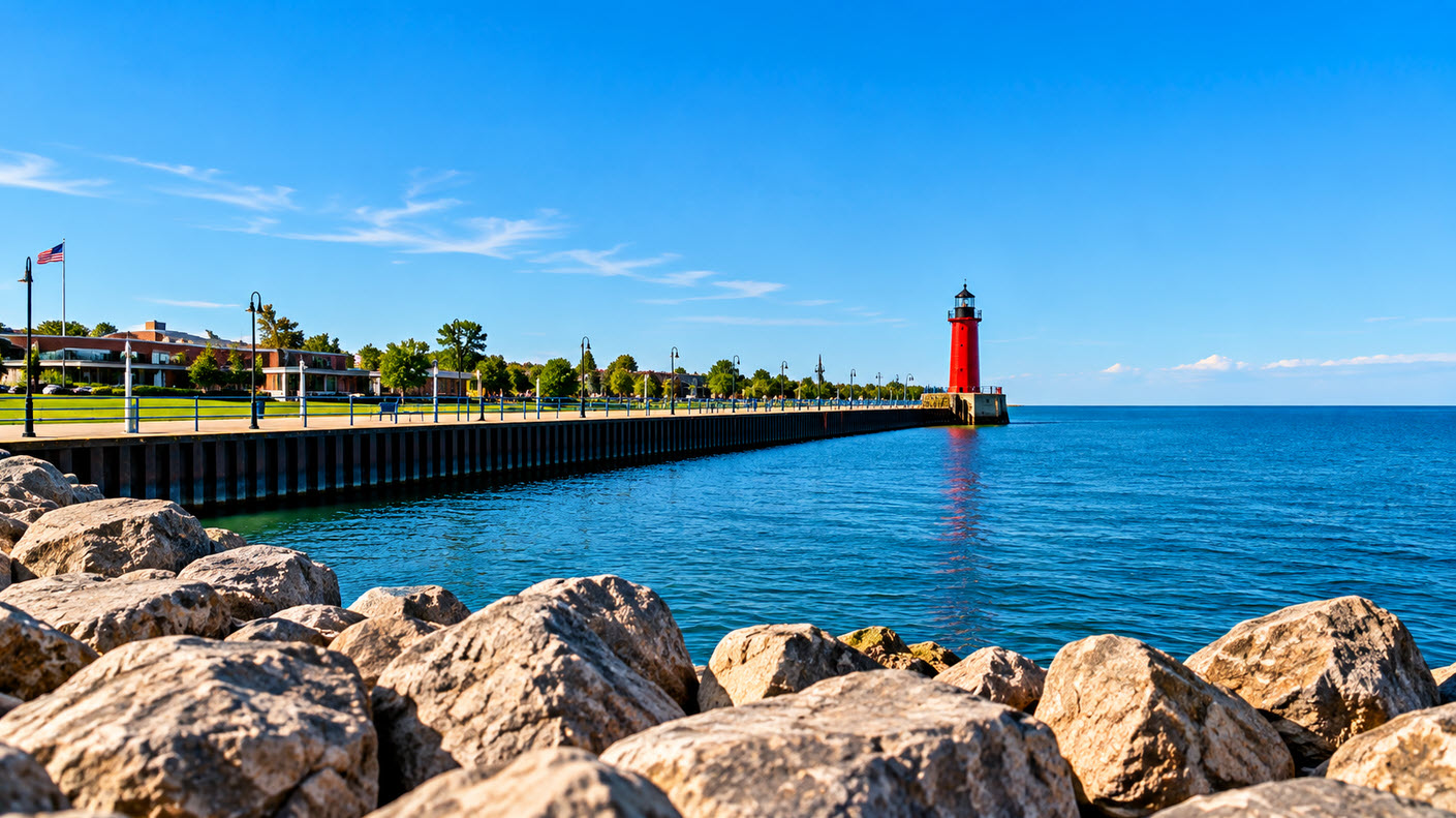 Lighthouse and harbor along Lake Michigan in Racine County