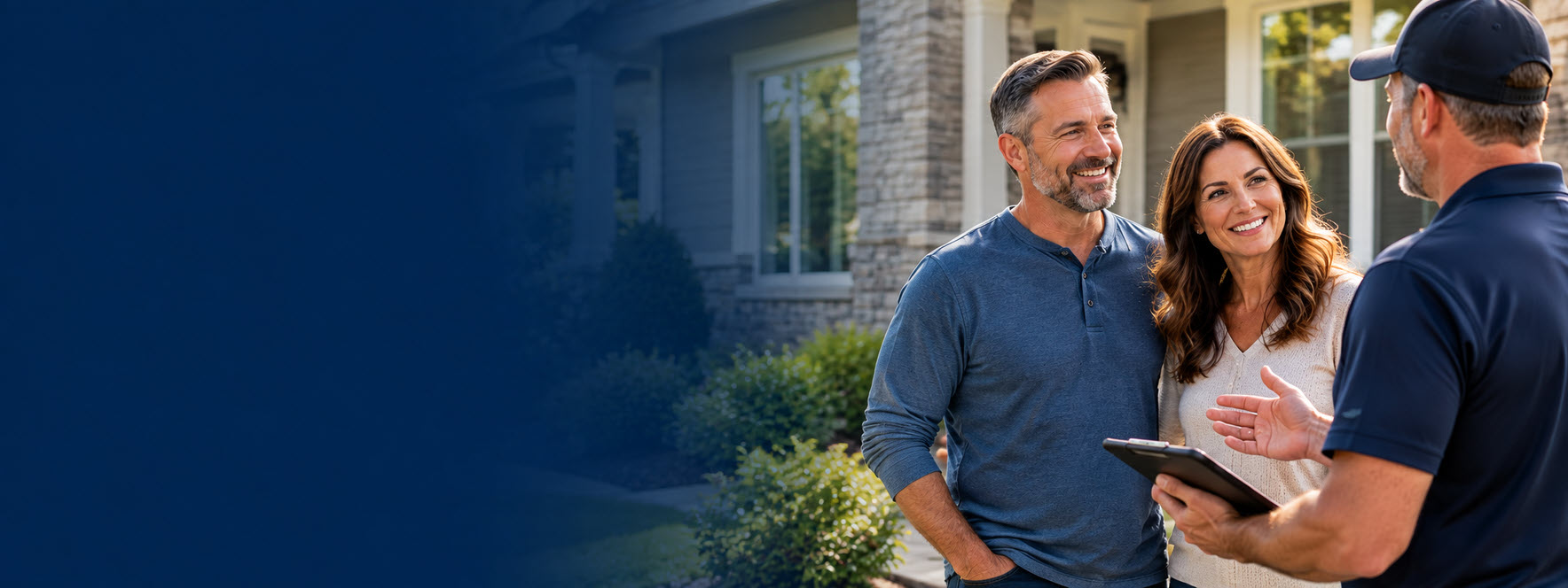 American Foundation Specialists team member talking with smiling homeowners outside their house
