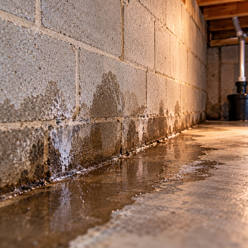 Water seeping in where a basement wall meets the floor
